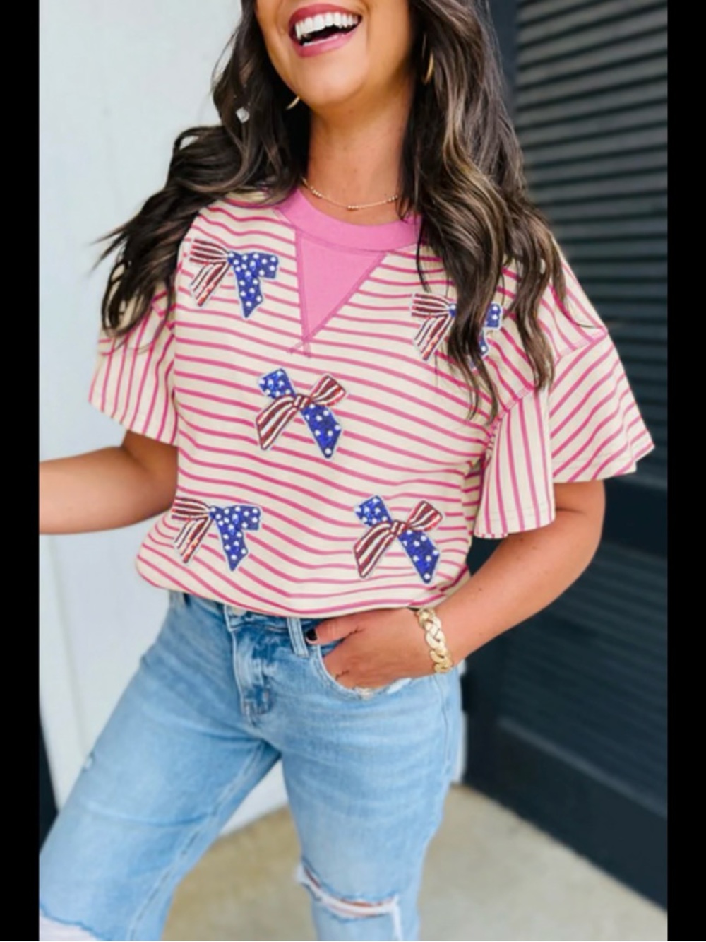 Striped Pink and White Top with Sequin Bow Accents
NWOT No Brand